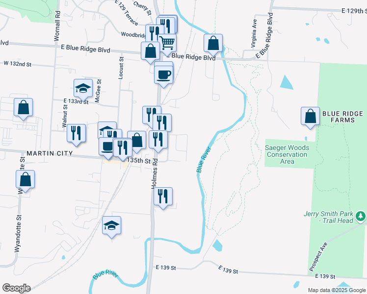 map of restaurants, bars, coffee shops, grocery stores, and more near 969 East 134 Street in Kansas City