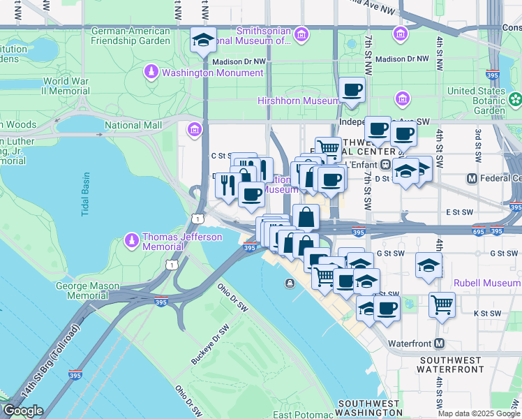 map of restaurants, bars, coffee shops, grocery stores, and more near 101 Independence Avenue Southeast in Washington