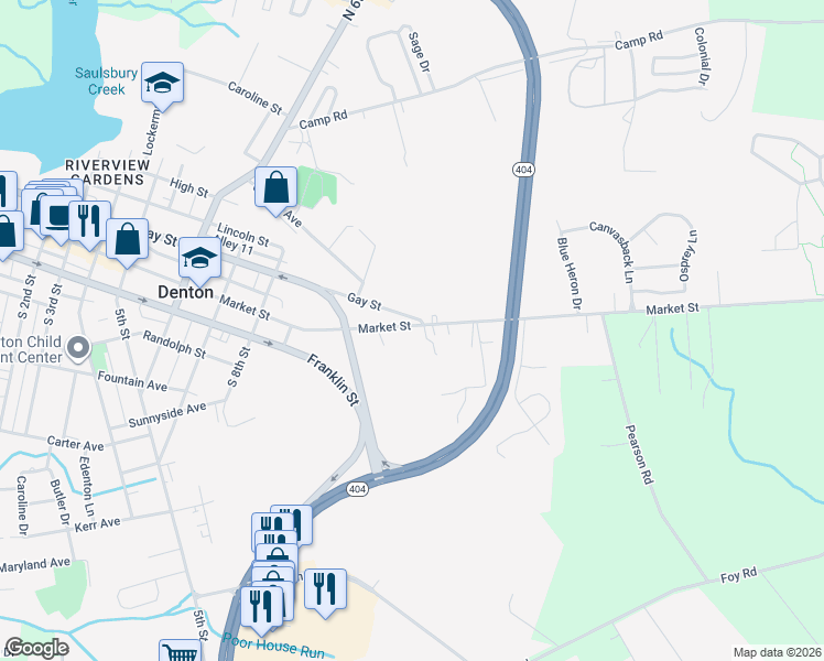 map of restaurants, bars, coffee shops, grocery stores, and more near 1020 Market Street in Denton