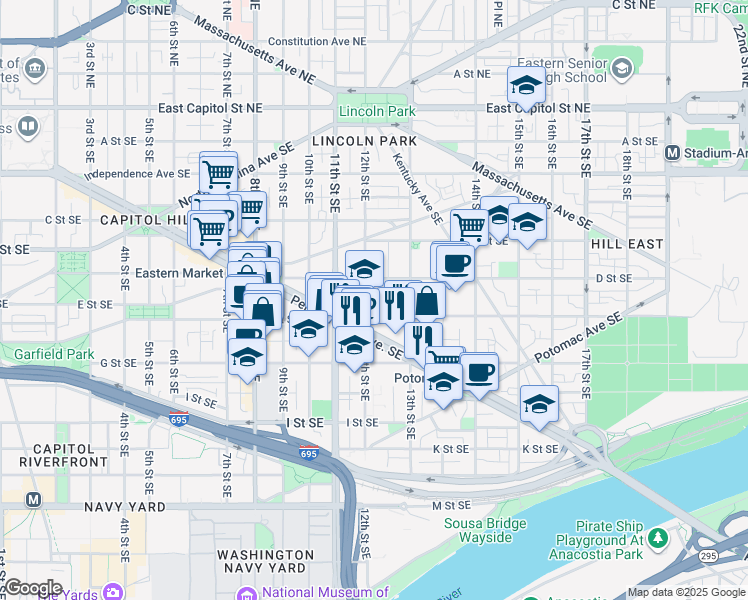 map of restaurants, bars, coffee shops, grocery stores, and more near 420 12th Street Southeast in Washington