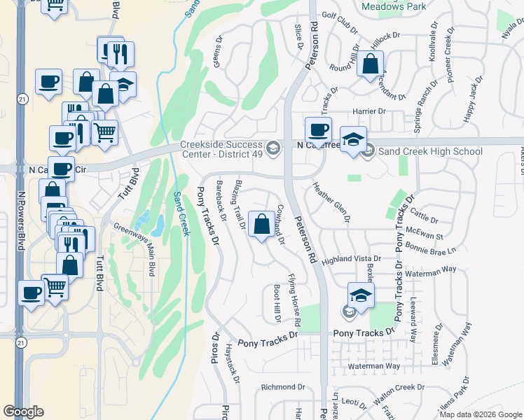 map of restaurants, bars, coffee shops, grocery stores, and more near 6565 Packsaddle Court in Colorado Springs