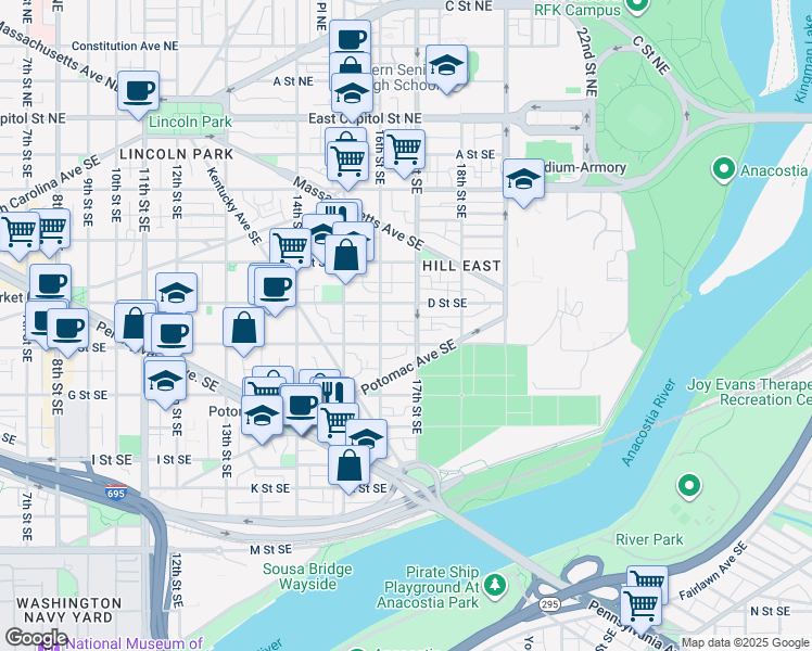 map of restaurants, bars, coffee shops, grocery stores, and more near 101 Independence Avenue Southeast in Washington