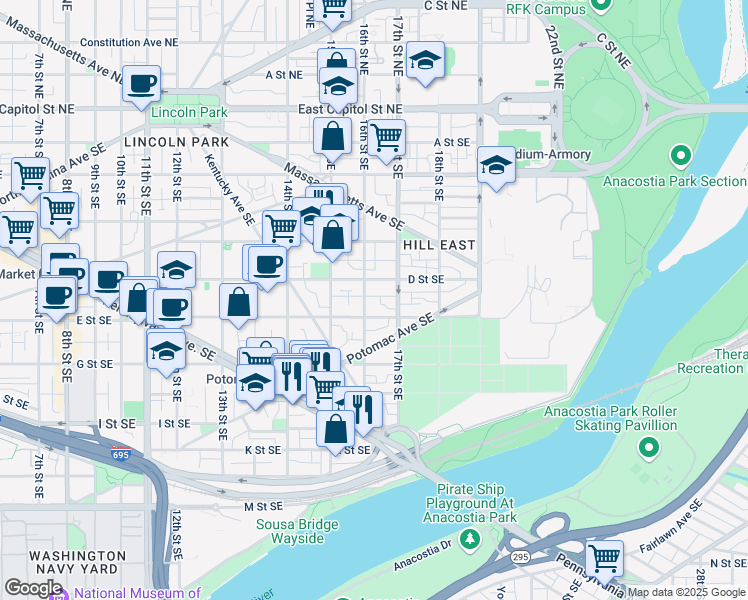 map of restaurants, bars, coffee shops, grocery stores, and more near 101 Independence Avenue Southeast in Washington