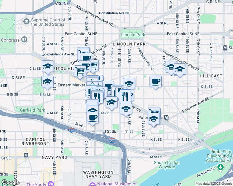 map of restaurants, bars, coffee shops, grocery stores, and more near 101 Independence Avenue Southeast in Washington
