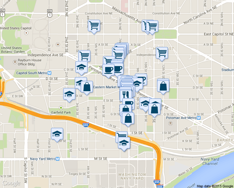 map of restaurants, bars, coffee shops, grocery stores, and more near 101 Independence Avenue Southeast in Washington