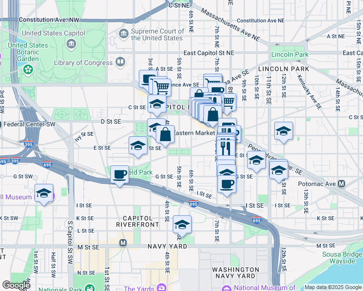 map of restaurants, bars, coffee shops, grocery stores, and more near 101 Independence Avenue Southeast in Washington