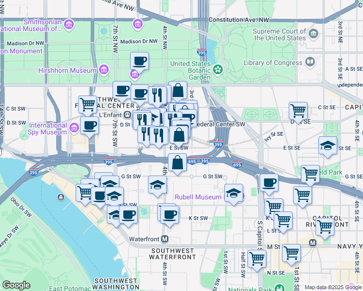 map of restaurants, bars, coffee shops, grocery stores, and more near 101 Independence Avenue Southeast in Washington
