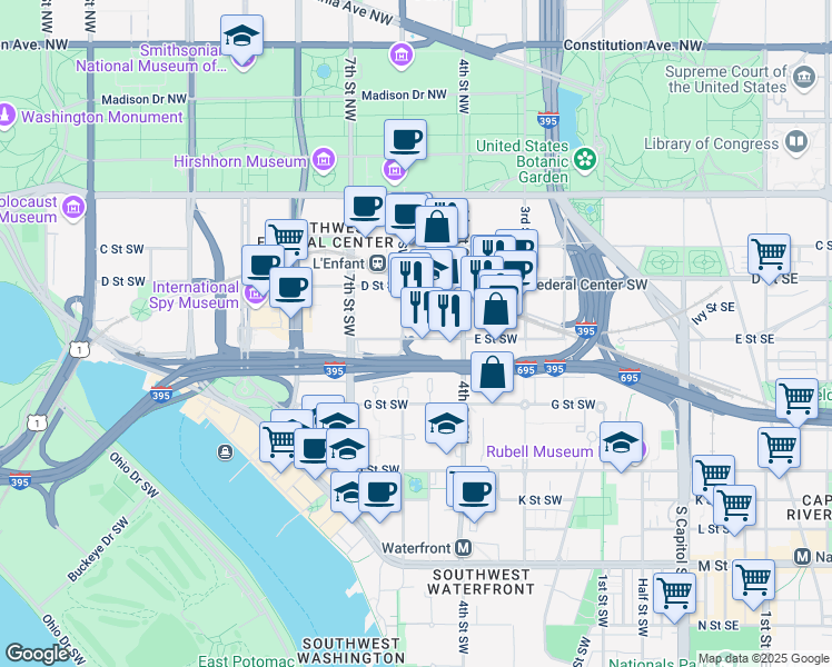 map of restaurants, bars, coffee shops, grocery stores, and more near 101 Independence Avenue Southeast in Washington