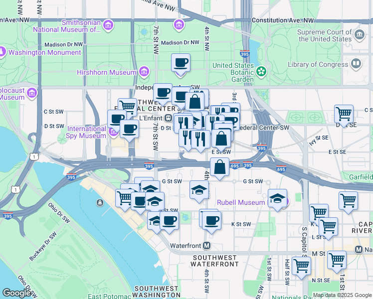 map of restaurants, bars, coffee shops, grocery stores, and more near 101 Independence Avenue Southeast in Washington