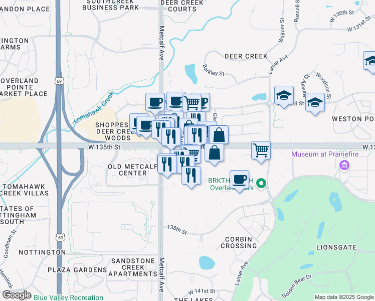 map of restaurants, bars, coffee shops, grocery stores, and more near 6925 West 135th Street in Overland Park