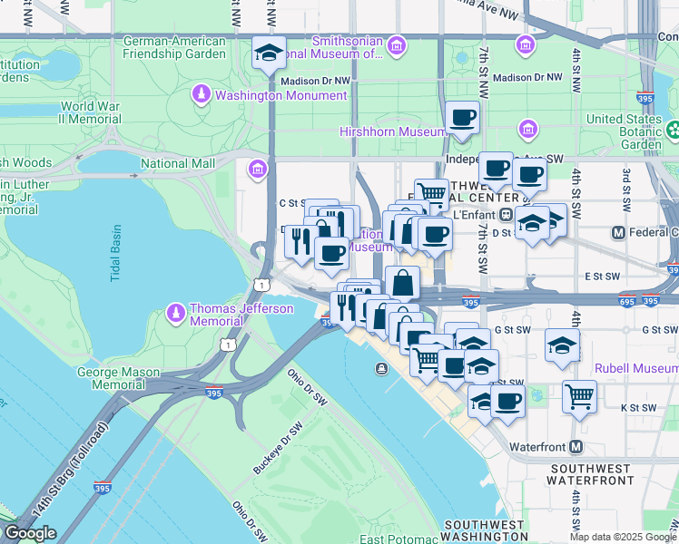 map of restaurants, bars, coffee shops, grocery stores, and more near 445 12th Street Southwest in Washington