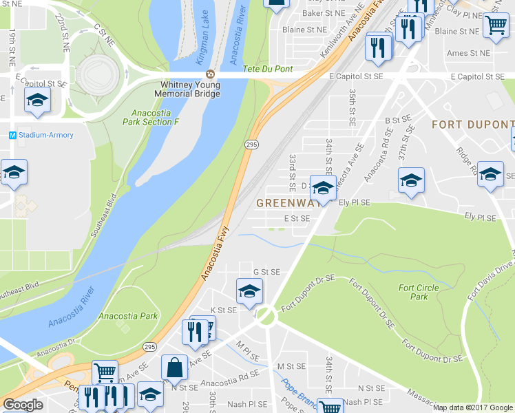 map of restaurants, bars, coffee shops, grocery stores, and more near 3105 Ely Place Southeast in Washington
