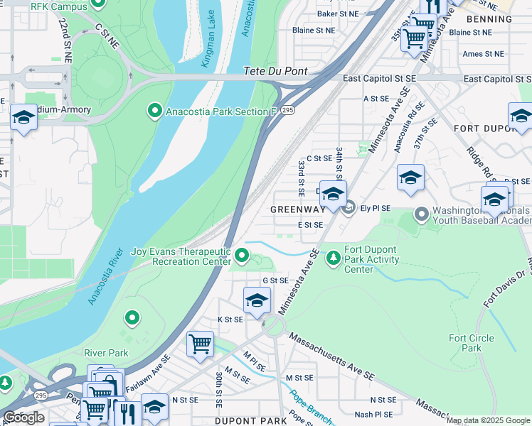 map of restaurants, bars, coffee shops, grocery stores, and more near 3105 Ely Place Southeast in Washington