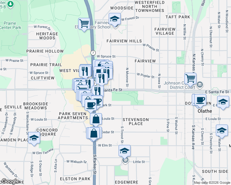 map of restaurants, bars, coffee shops, grocery stores, and more near 1035 West Santa Fe Street in Olathe