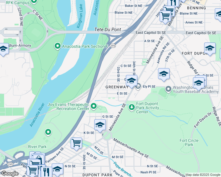 map of restaurants, bars, coffee shops, grocery stores, and more near 3211 Ely Place Southeast in Washington