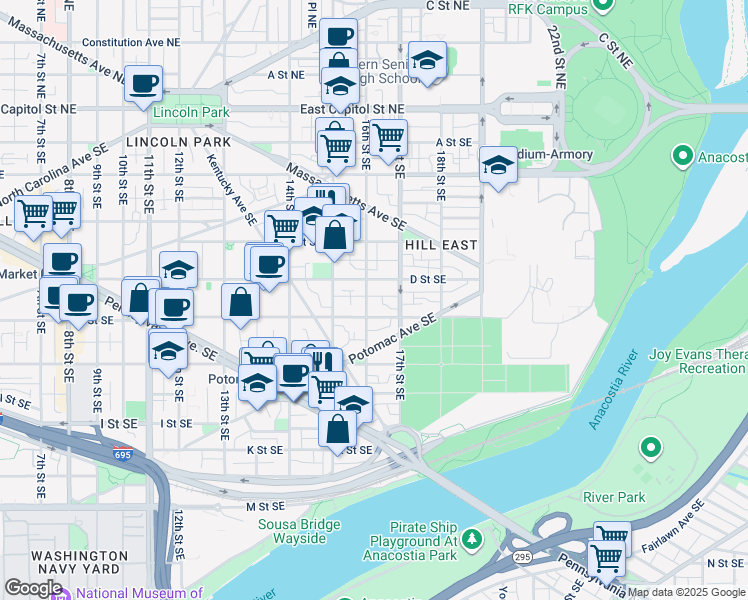 map of restaurants, bars, coffee shops, grocery stores, and more near 420 16th Street Southeast in Washington