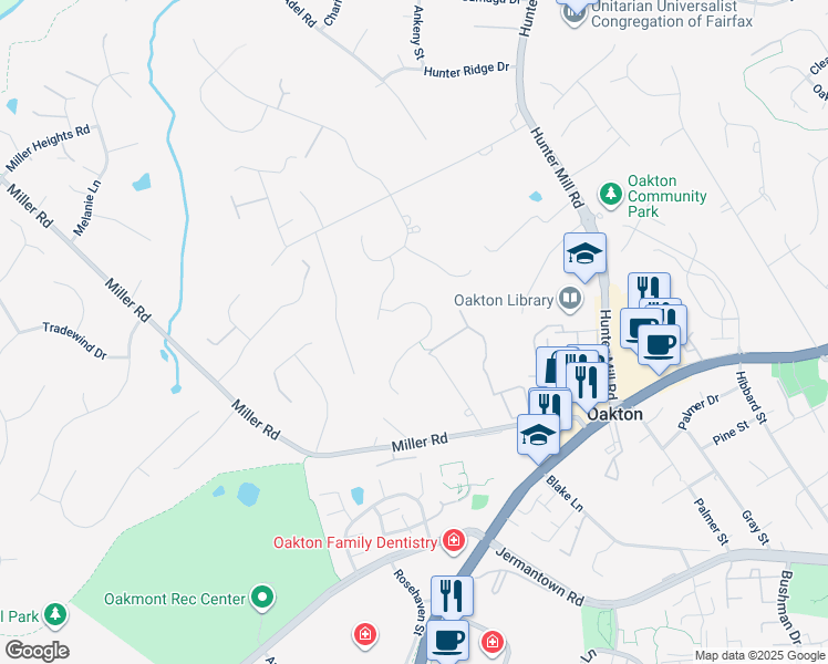 map of restaurants, bars, coffee shops, grocery stores, and more near 3006 Rose Creek Court in Oakton