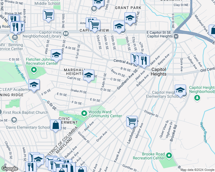map of restaurants, bars, coffee shops, grocery stores, and more near 5409 Call Place Southeast in Washington