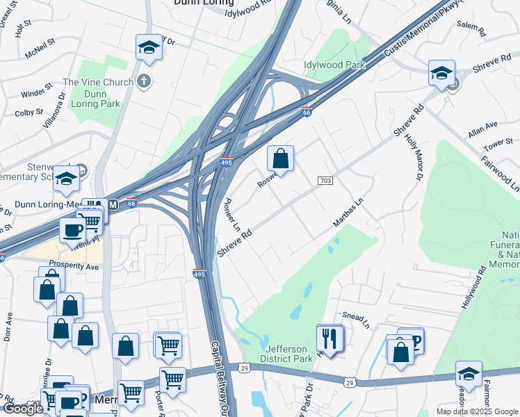 map of restaurants, bars, coffee shops, grocery stores, and more near 7912 Shreve Road in Falls Church
