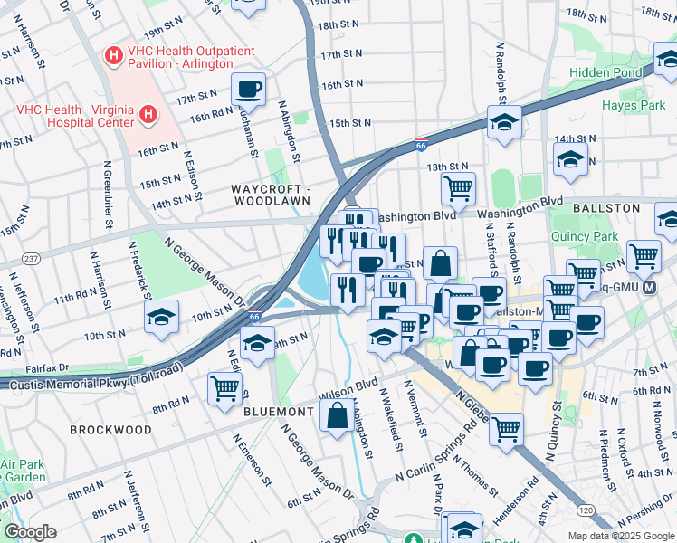 map of restaurants, bars, coffee shops, grocery stores, and more near 1100 North Glebe Road in Arlington
