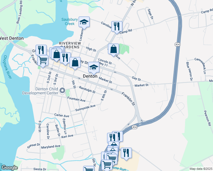 map of restaurants, bars, coffee shops, grocery stores, and more near 14 South 8th Street in Denton