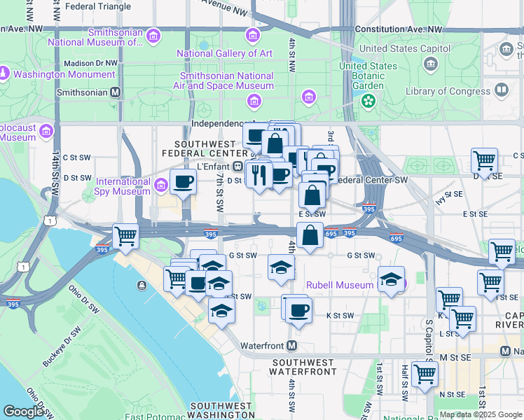 map of restaurants, bars, coffee shops, grocery stores, and more near 101 Independence Avenue Southeast in Washington