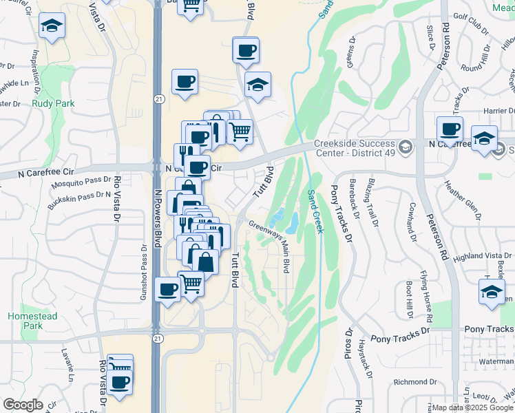 map of restaurants, bars, coffee shops, grocery stores, and more near 3575 Tutt Boulevard in Colorado Springs