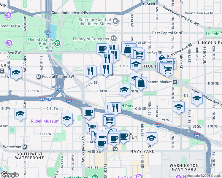 map of restaurants, bars, coffee shops, grocery stores, and more near 101 Independence Avenue Southeast in Washington