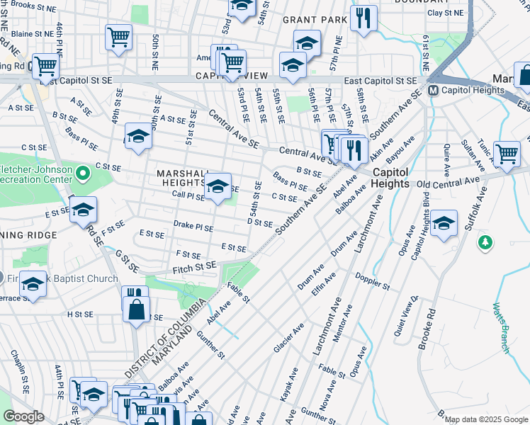 map of restaurants, bars, coffee shops, grocery stores, and more near 5405 Call Place Southeast in Washington