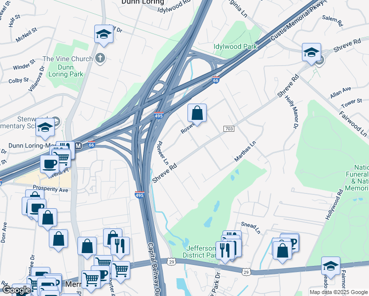 map of restaurants, bars, coffee shops, grocery stores, and more near 7912 Shreve Road in Falls Church
