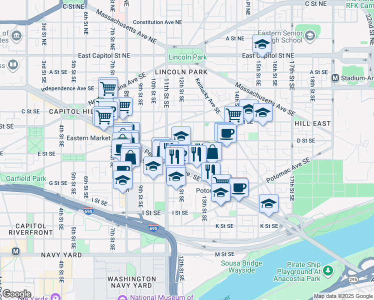map of restaurants, bars, coffee shops, grocery stores, and more near 420 12th Street Southeast in Washington