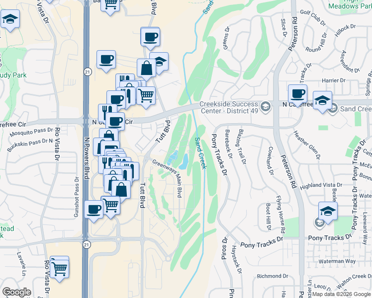 map of restaurants, bars, coffee shops, grocery stores, and more near 3663 Golf Course View in Colorado Springs