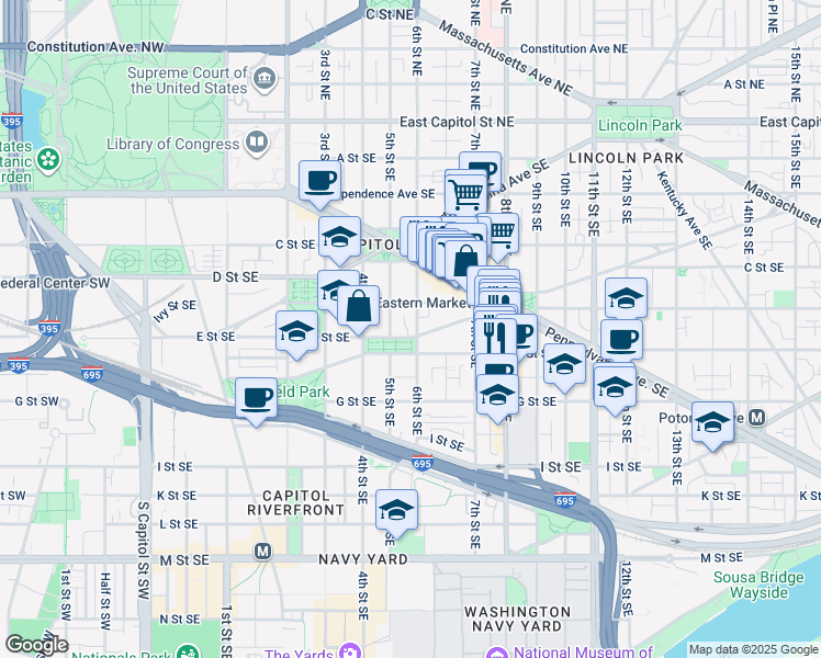 map of restaurants, bars, coffee shops, grocery stores, and more near 101 Independence Avenue Southeast in Washington
