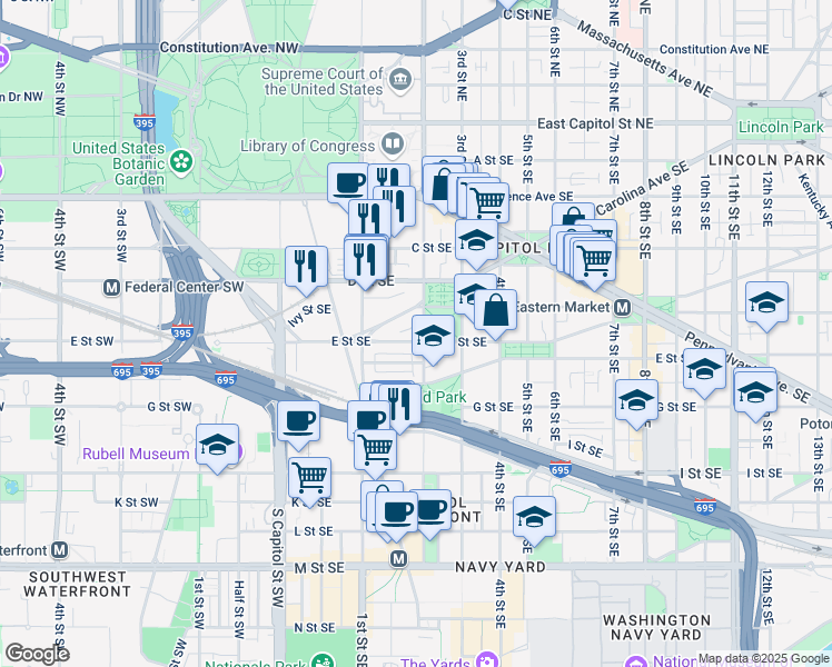 map of restaurants, bars, coffee shops, grocery stores, and more near 101 Independence Avenue Southeast in Washington