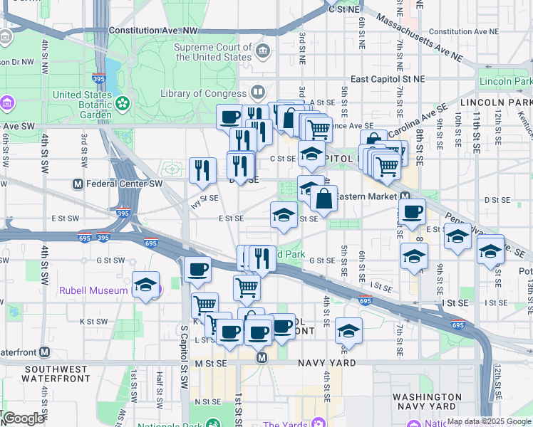 map of restaurants, bars, coffee shops, grocery stores, and more near 101 Independence Avenue Southeast in Washington