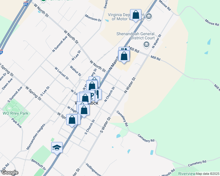 map of restaurants, bars, coffee shops, grocery stores, and more near 219 North Church Street in Woodstock