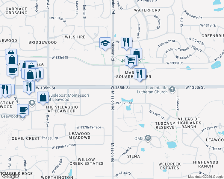 map of restaurants, bars, coffee shops, grocery stores, and more near 13537 Mission Road in Leawood