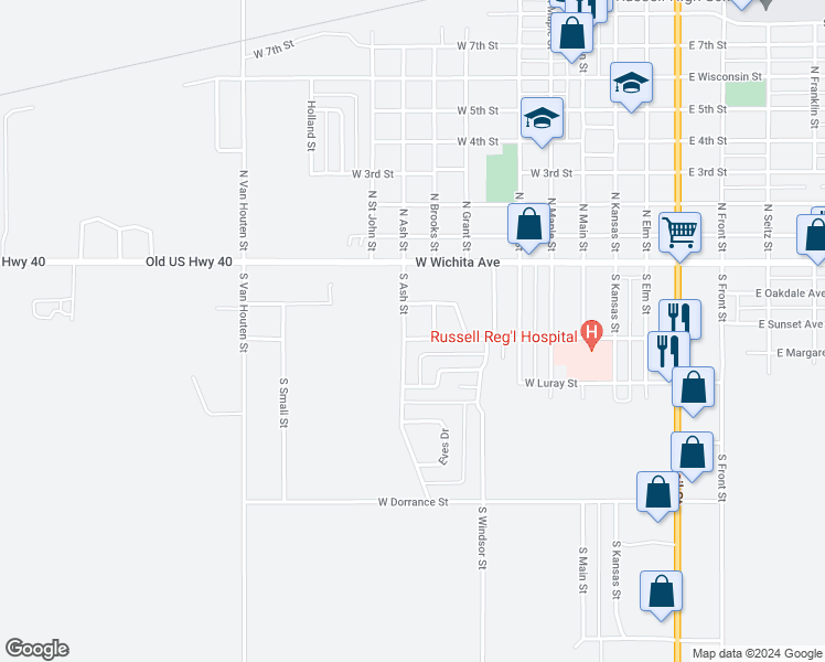 map of restaurants, bars, coffee shops, grocery stores, and more near 205 South Ash Street in Russell