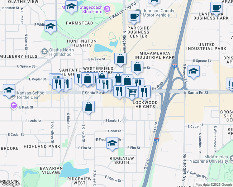 map of restaurants, bars, coffee shops, grocery stores, and more near 1117 E Santa Fe St in Olathe
