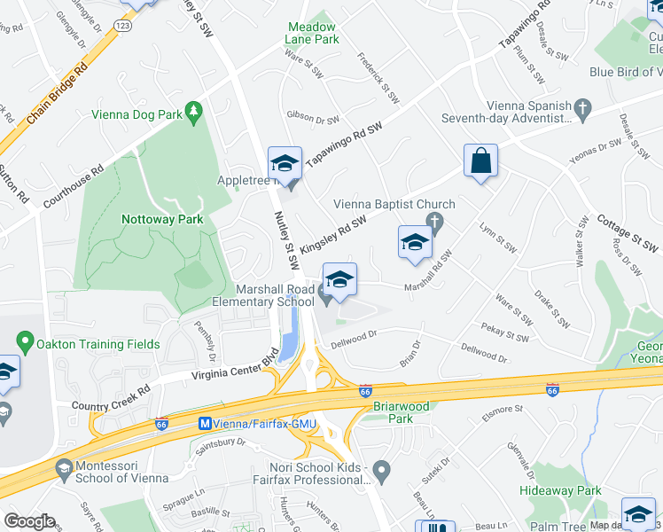 map of restaurants, bars, coffee shops, grocery stores, and more near 1002 Delilah Drive Southwest in Vienna