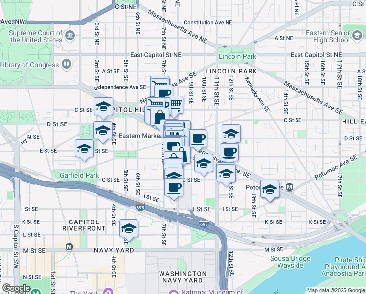 map of restaurants, bars, coffee shops, grocery stores, and more near 101 Independence Avenue Southeast in Washington