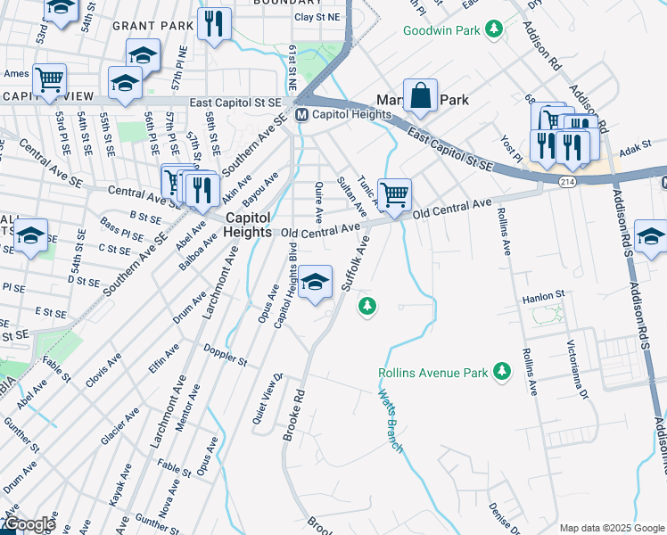 map of restaurants, bars, coffee shops, grocery stores, and more near 505 Suffolk Avenue in Capitol Heights