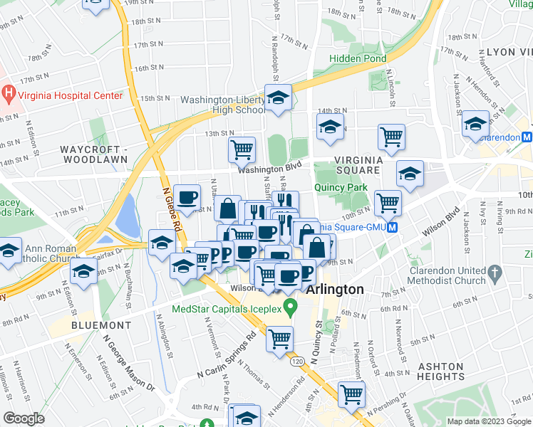 map of restaurants, bars, coffee shops, grocery stores, and more near 1036 North Stafford Street in Arlington
