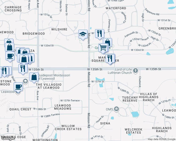 map of restaurants, bars, coffee shops, grocery stores, and more near 13537 Mission Road in Leawood