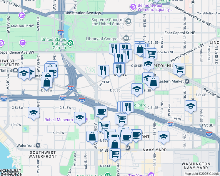 map of restaurants, bars, coffee shops, grocery stores, and more near 449 New Jersey Avenue Southeast in Washington