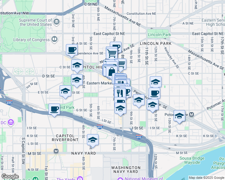 map of restaurants, bars, coffee shops, grocery stores, and more near 101 Independence Avenue Southeast in Washington