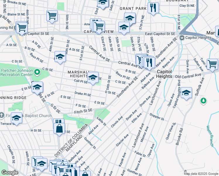 map of restaurants, bars, coffee shops, grocery stores, and more near 5401 Call Place Southeast in Washington