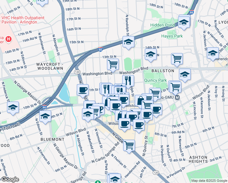 map of restaurants, bars, coffee shops, grocery stores, and more near 1050 North Stuart Street in Arlington