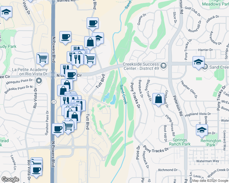 map of restaurants, bars, coffee shops, grocery stores, and more near 3663 Golf Course View in Colorado Springs