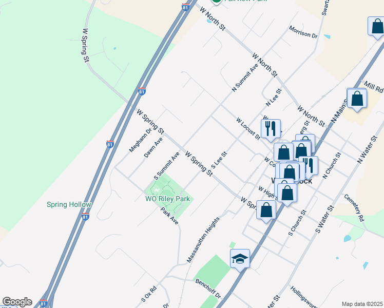 map of restaurants, bars, coffee shops, grocery stores, and more near 558 West Spring Street in Woodstock